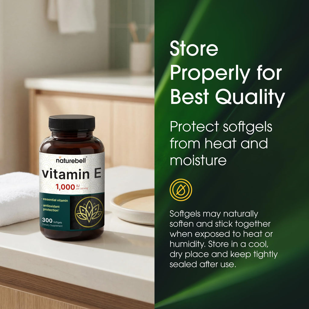 NatureBell Vitamin E 1,000 IU Per Serving - 300 Softgels - Antioxidant Supplement for Skin, Heart & Brain Health Support