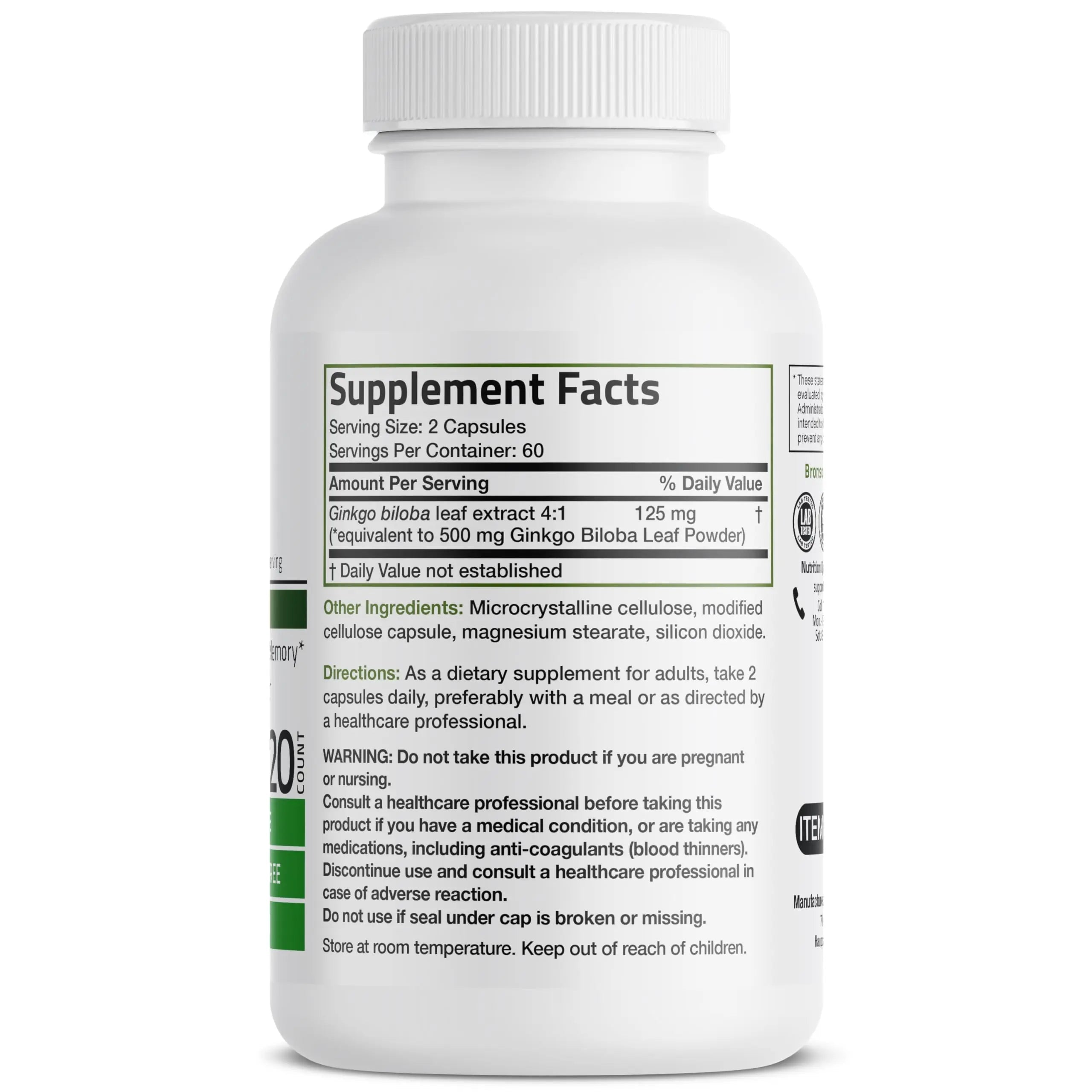Bronson Ginkgo Biloba Extra Strength 125mg (4:1 Extract) Equivalent to 500mg Bronson Au supplements