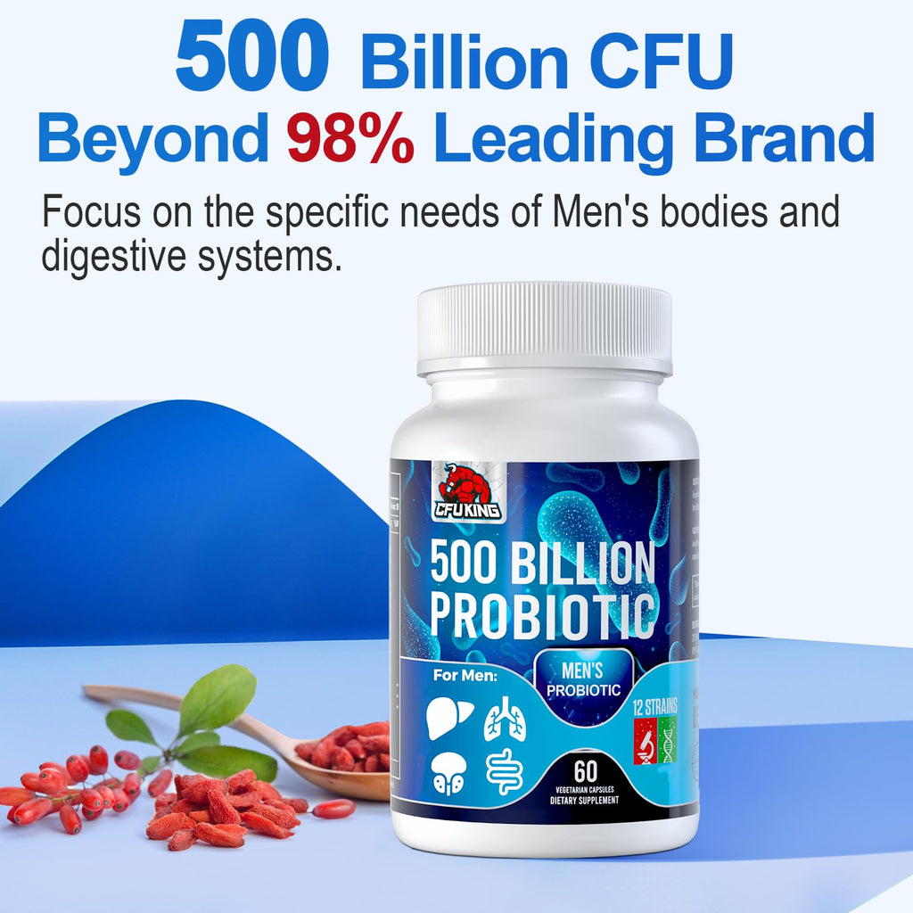 Probiotics for Men, 500 Billion CFU & 12 Mens Probiotic for Digestive Health + 4 Organic Prebiotic Fiber, for Digestive, Gut, Immune Health, Bloating, Gas, Energy Support, Shelf Stable - 120 Capsules CFUKING Au supplements