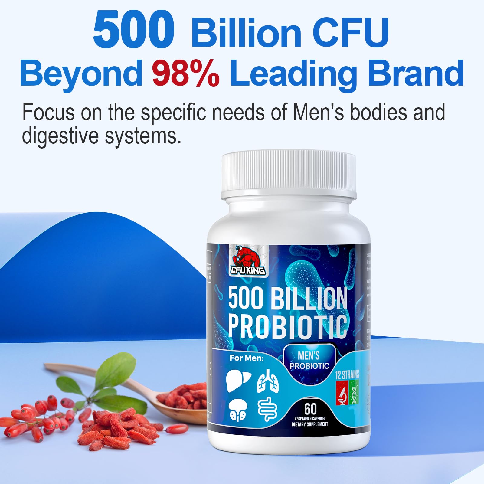 Probiotics for Men, 500 Billion CFU & 12 Mens Probiotic for Digestive Health + 4 Organic Prebiotic Fiber, for Digestive, Gut, Immune Health, Bloating, Gas, Energy Support, Shelf Stable - 120 Capsules CFUKING Au supplements