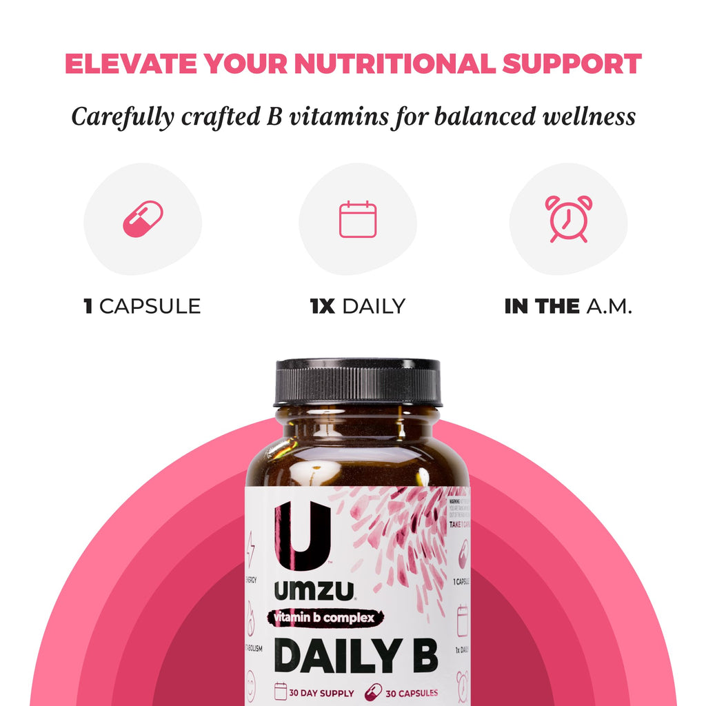 UMZU Daily B, 30 Day Supply – Complete Vitamin B Complex Supplement Blend with B1, B2, B3, B5, B6, B7, B9 & B12 Plus Folic Acid & Biotin – Supports Energy, Focus, Mood,