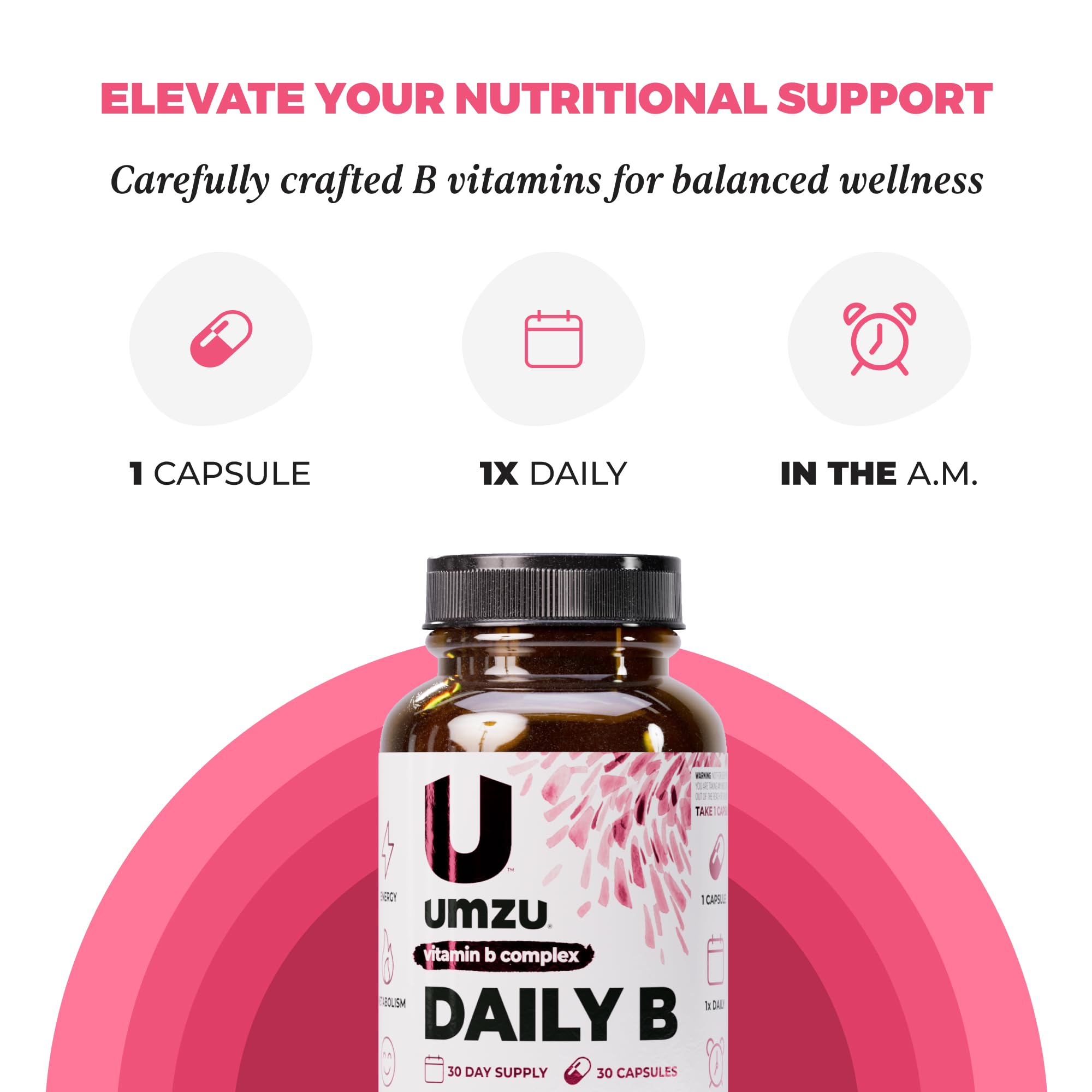 UMZU Daily B, 30 Day Supply – Complete Vitamin B Complex Supplement Blend with B1, B2, B3, B5, B6, B7, B9 & B12 Plus Folic Acid & Biotin – Supports Energy, Focus, Mood,
