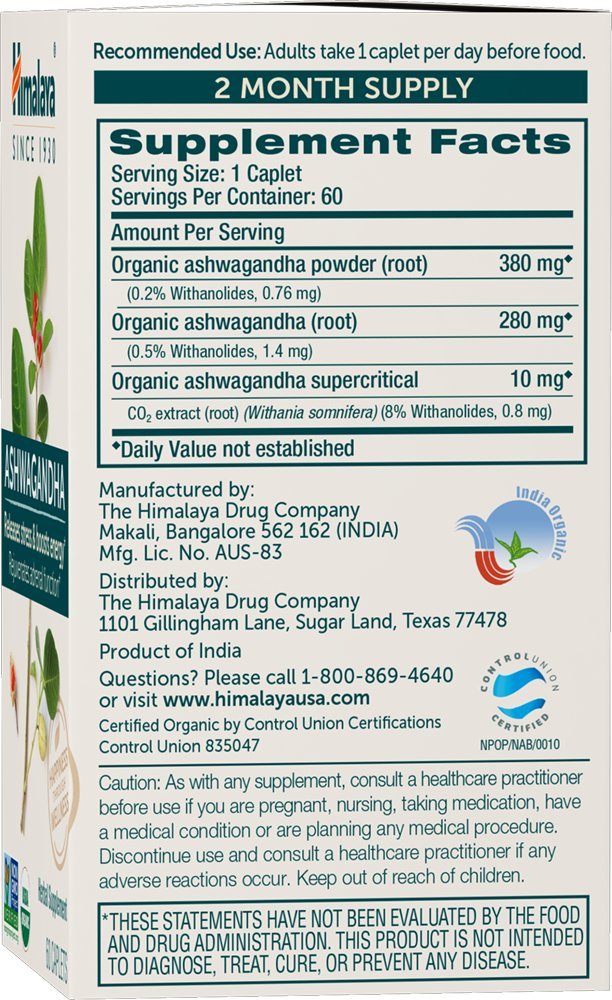 Himalaya Organic Ashwagandha Root, 120 Day Supply - Herbal Adrenal Support Supplements for Stress Relief and Energy Support - USDA Organic, Non-GMO, Vegan, Gluten Free, 60 Caplets, 2 Pack Himalaya Au supplements