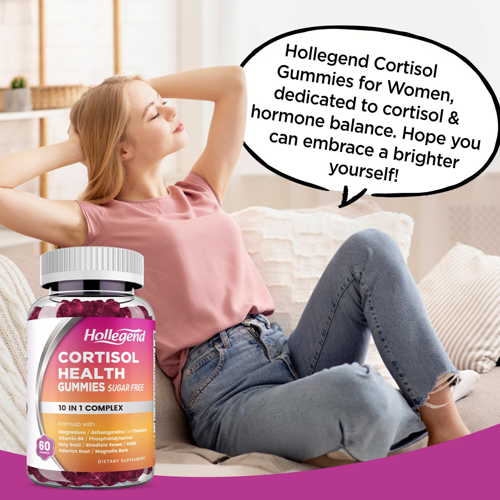 HOLLEGEND Cortisol Supplements for Women Men, Cortisol Gummies with Ashwagandha, Magnesium, L-Theanine, Phosphatidylserine, B6 for Cortisol Detox, Relaxation, Sleep, Focus, Sugar-Free, Vegan, 60 HOLLEGEND Au supplements