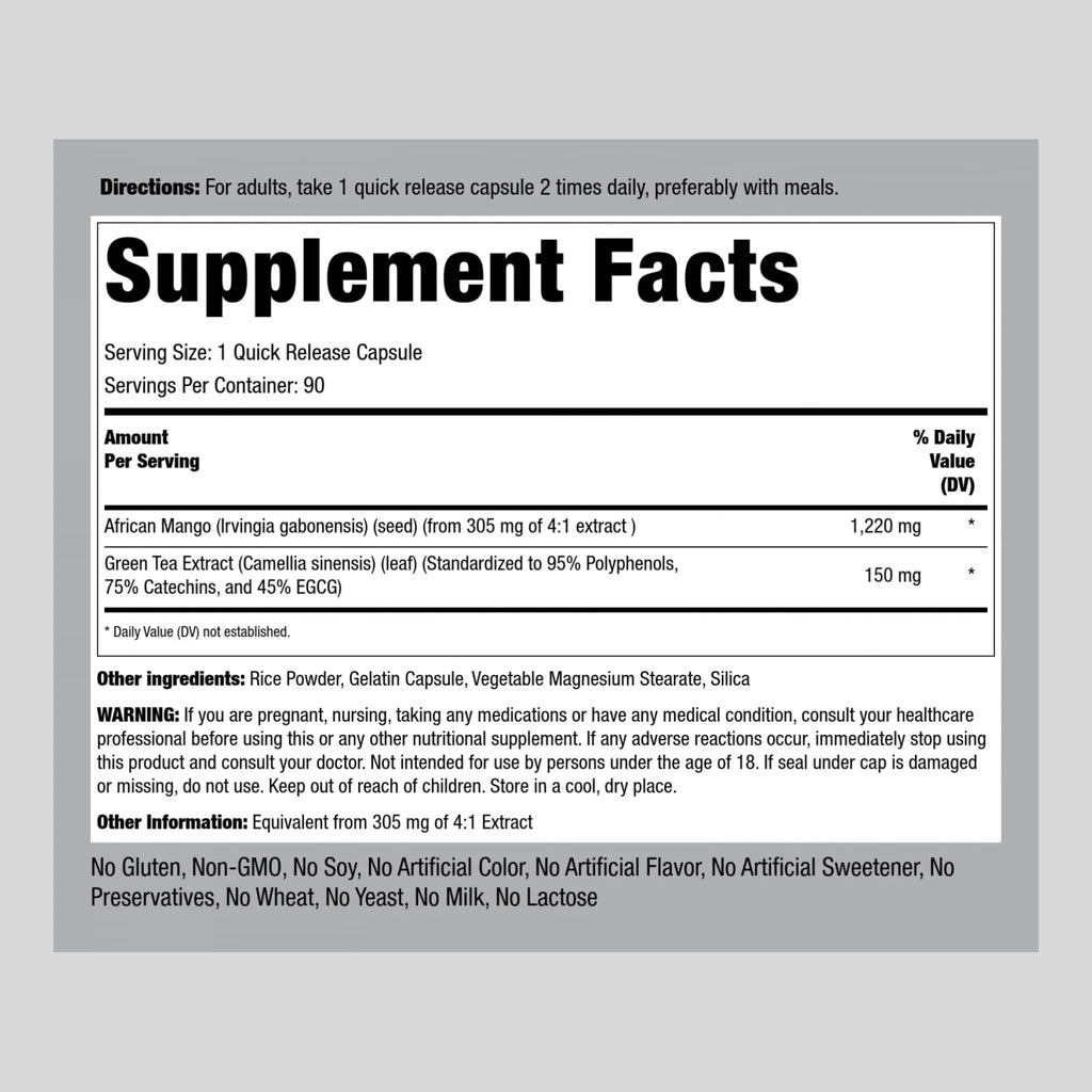 Piping Rock African Mango Seed Extract 1220 mg | 90 Capsules | with Green Tea | Extra Strength Piping Rock Au supplements