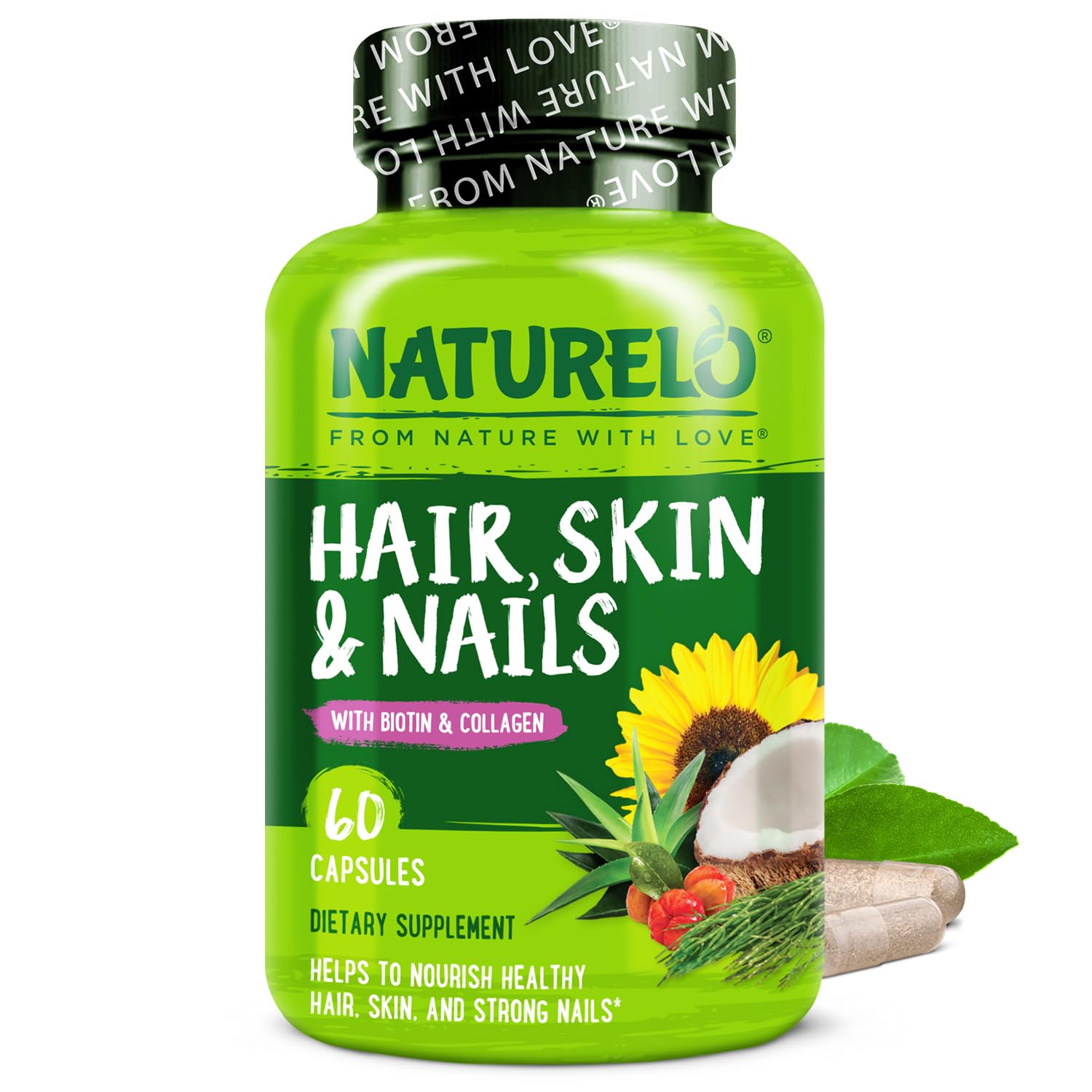NATURELO Hair, Skin and Nails Vitamins - 5000 mcg Biotin, Collagen, Natural Vitamin E - Supplement for Healthy Skin