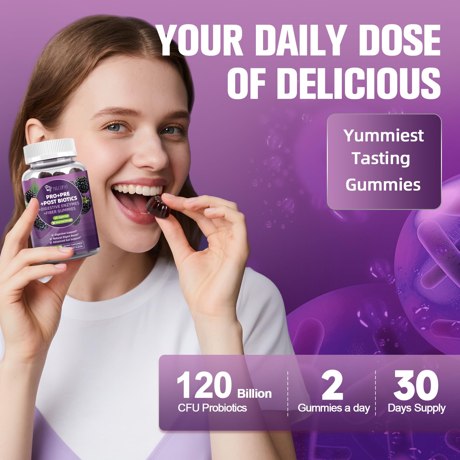 Migcopat Pre Post Probiotics Gummies, Probiotic Prebiotic Postbiotic Digestive Enzymes with Fiber, 120 Billion CFU Probiotics Complete Gut Support, Sugar Free