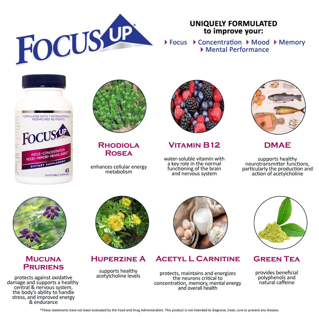 FocusUP Brain & Energy Support Supplement – Natural Nootropic Capsules with Acetyl L-Carnitine, Rhodiola, DMAE & Huperzine-A | Supports Focus, Memory, Mood & Mental Clarity | 45 Sugar-Free Capsules Xooma Au supplements