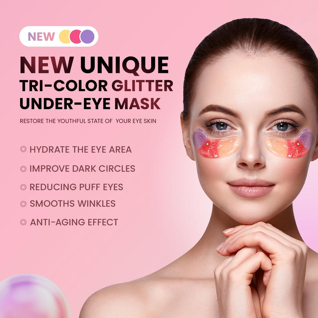 AILEORY Under Eye Patches (24 Pairs) - Tri-color Glitter Eye Gel Pads for Dark Circles, Puffy Eyes, Under eye Bags, Wrinkles