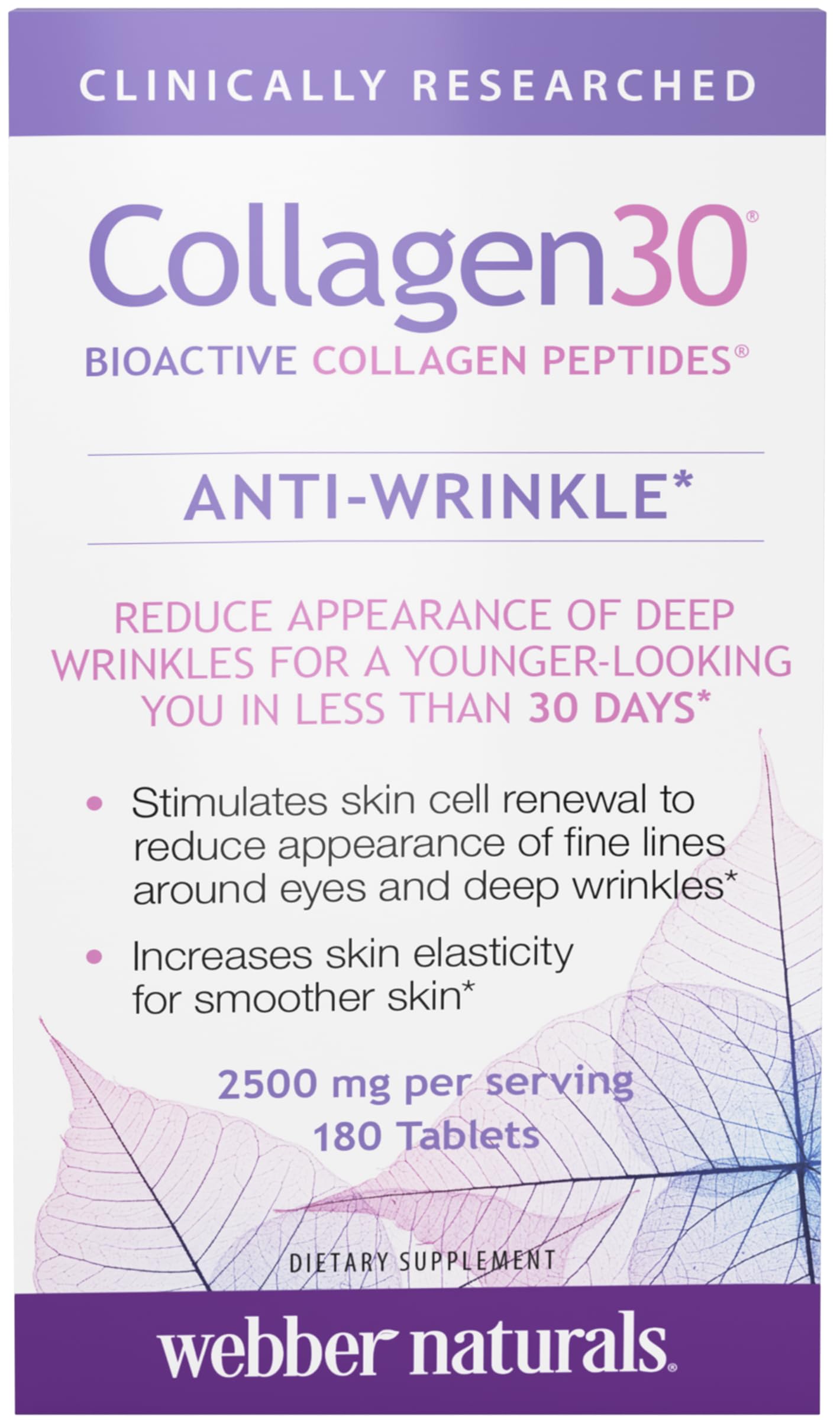 Webber Naturals Collagen 30 Anti-Wrinkle, 2,500mg of Bioactive Collagen Peptides Per Serving (3 Tablets), 180 Tablets, Helps Reduce Deep Wrinkles