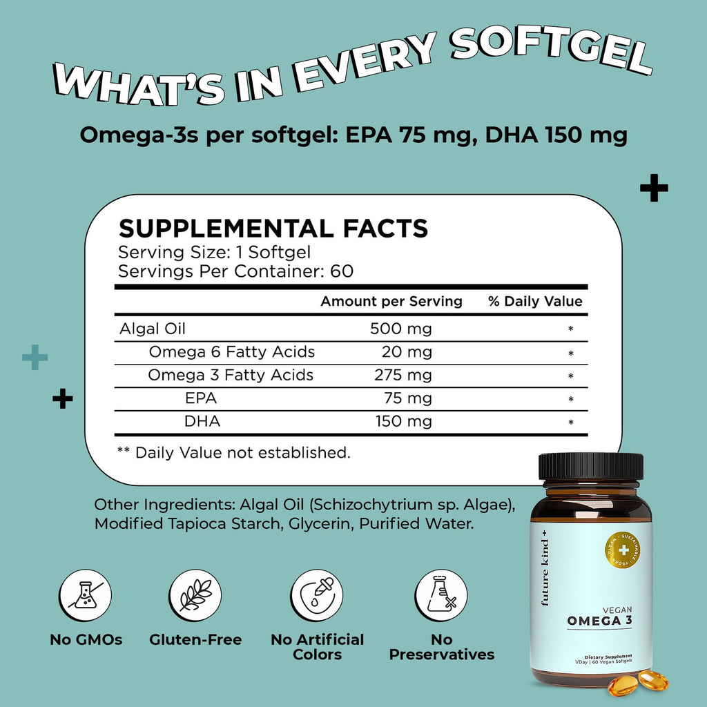 Future Kind Omega-3 Supplement for Clarity, Memory, and Mobility Comfort, 2 Months Supply of Citrus-Scented Softgels with EPA and DHA, Vegan Omega-3 Supplement from Algae, Carrageenan Free, 60 Count Future Kind Au supplements
