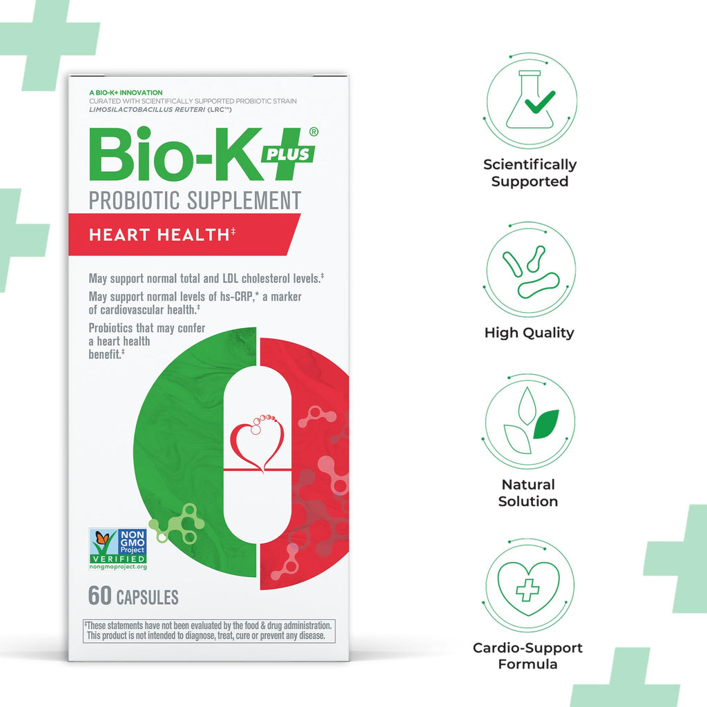 Bio-K+ Probiotics for Heart Health with Limosilactobacillus reuteri LRC – Heart Health Probiotic for Cholesterol & Cardiovascular Support, 5 Billion CFU, Vegan, Shelf-Stable – 60 Capsules Bio-K Plus Au supplements