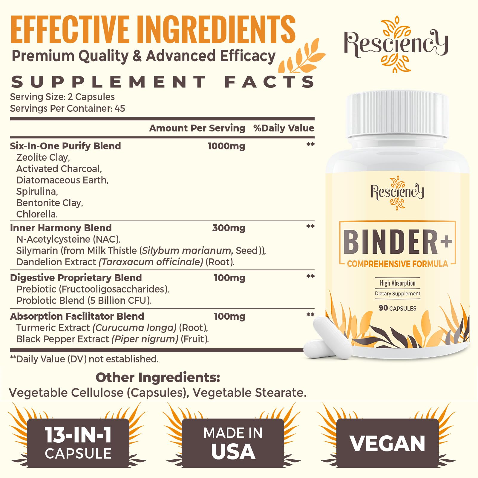 Resciency Detox Binder Supplement – Activated Charcoal, Zeolite, Bentonite Clay, Milk Thistle, Proprietary Blends - Liver & Gut, Max Absorption, 90 Vegan Capsules