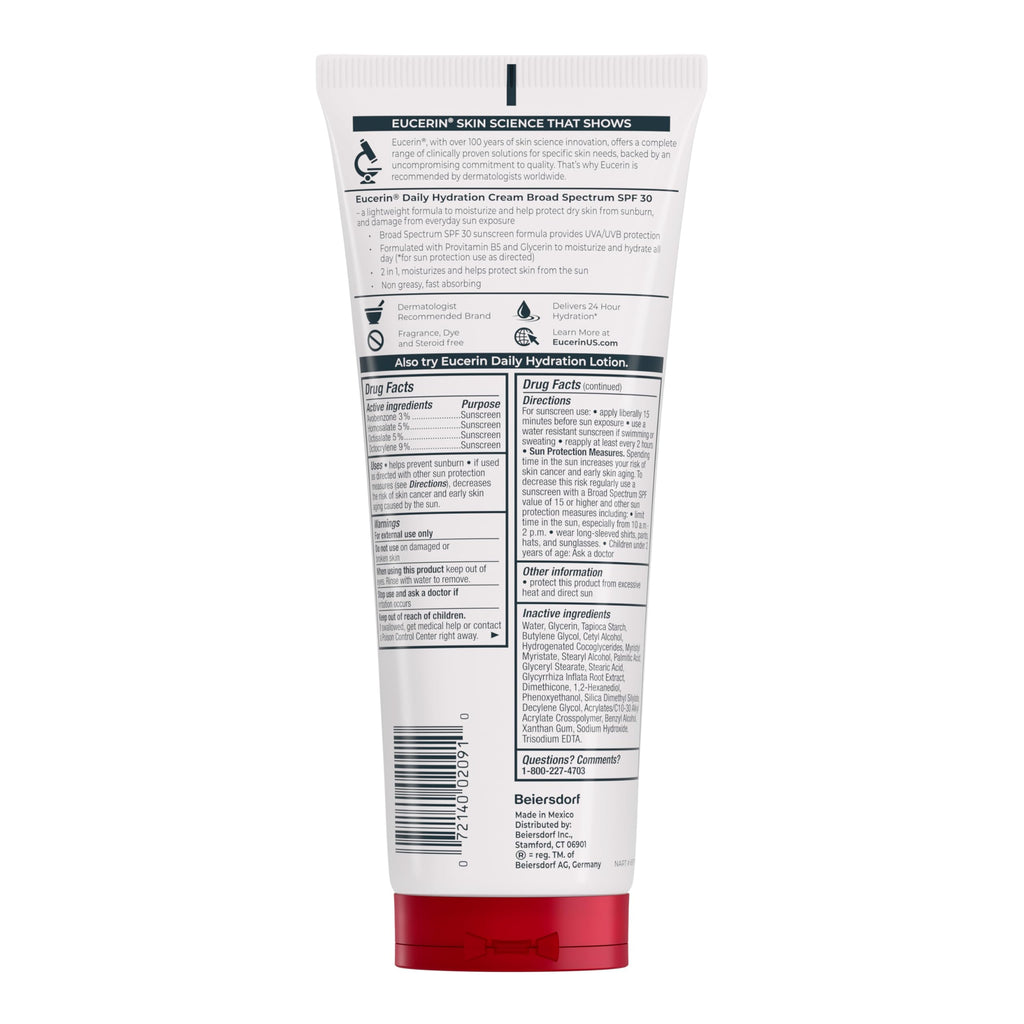 Eucerin Daily Hydration Broad Spectrum SPF 30 Sunscreen Body Cream for Dry Skin, Fragrance Free Sunscreen Moisturizer, 8 Oz Tube