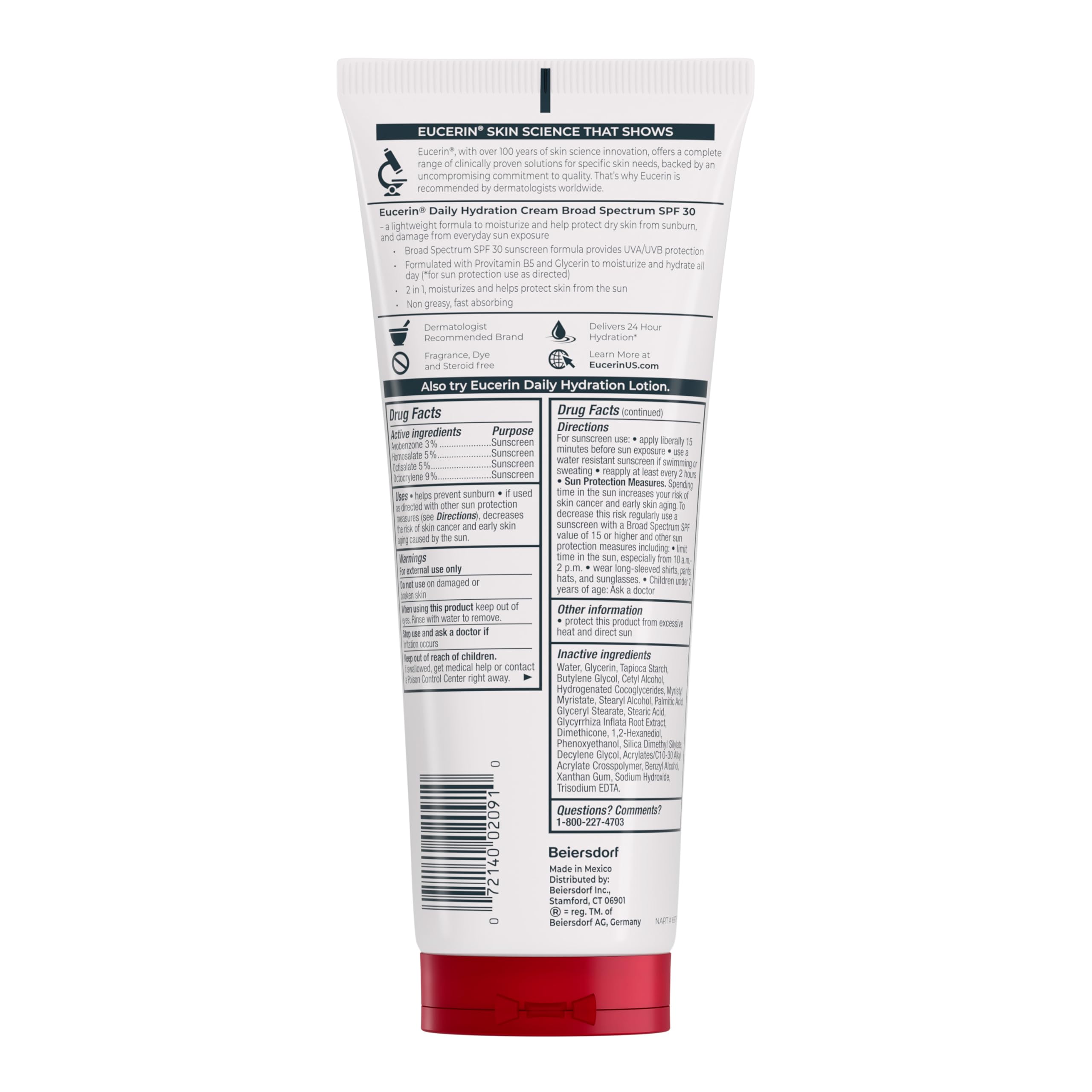 Eucerin Daily Hydration Broad Spectrum SPF 30 Sunscreen Body Cream for Dry Skin, Fragrance Free Sunscreen Moisturizer, 8 Oz Tube