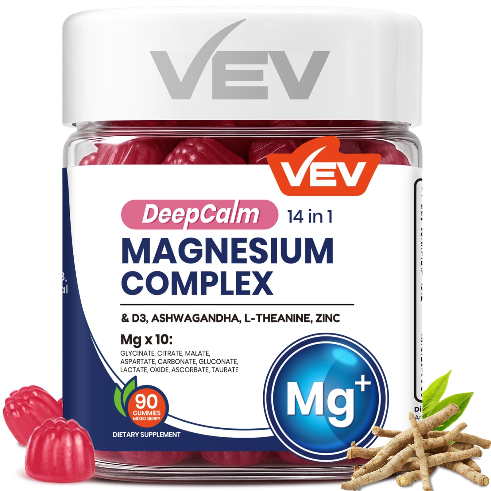 VEV Deep Calm Magnesium Complex 14-in-1 Gummies with Ashwagandha, L-Theanine, Vitamin D3 & Zinc for Women and Men, Vegan Magnesium Glycinate Gummies, 90 Gummies, Pack of 1 VEV Au supplements
