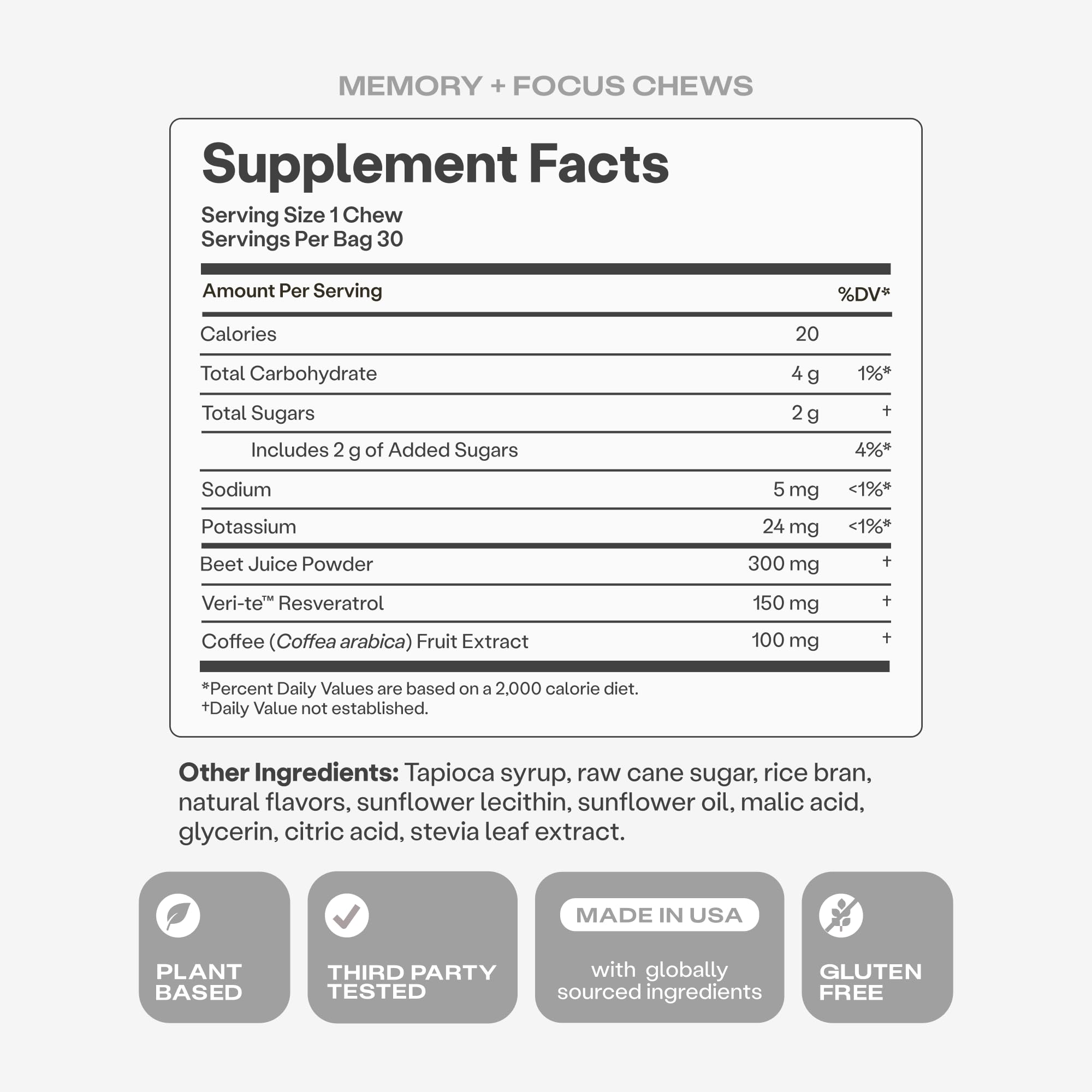 Humann Memory and Focus Chews, Brain Supplement for Mental Alertness with Beet Root Powder, Clinically Studied Nootropics, Resveratrol Plus Beet Root Powder