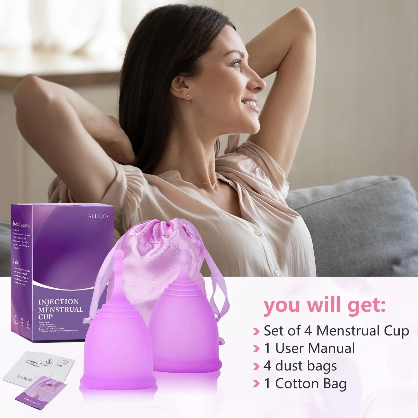 AURUZA Menstrual Cups, Set of 2 Reusable Period Cups Kit for Girls & Women, Silicone Soft Cups AURUZA Au supplements