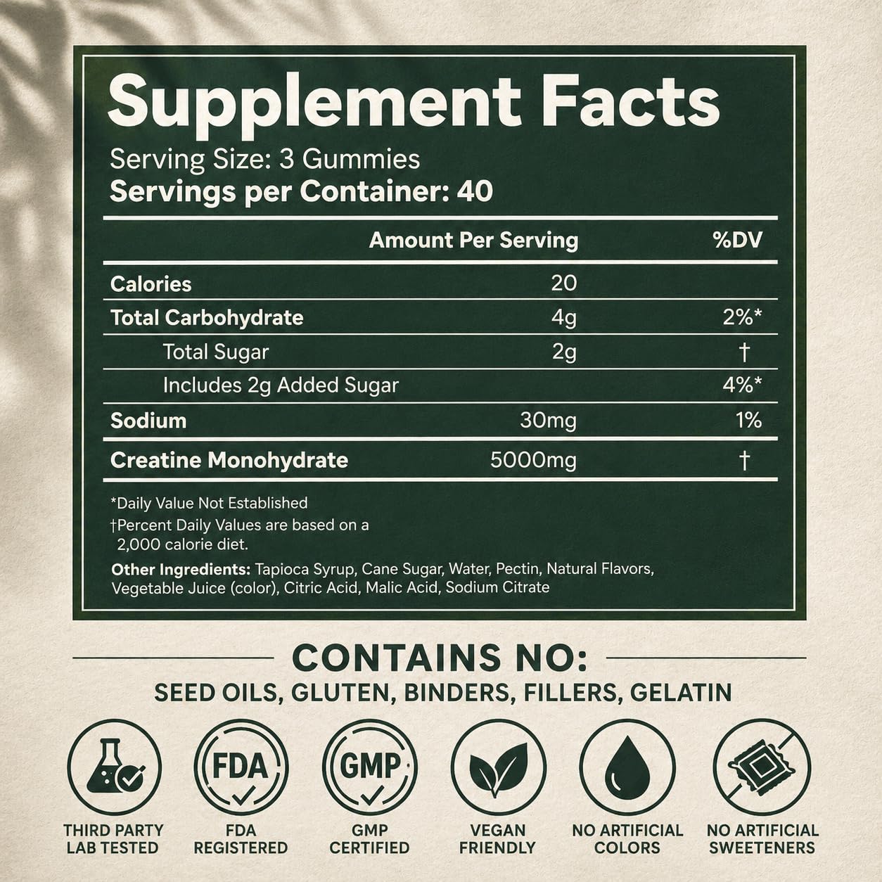 Creatine Monohydrate Gummies 5g - Only 2g Sugar, Made in USA - Sour Watermelon Flavor - Vegan & 3rd Party Tested - Pre & Post Workout Supplement for Women and Men (120 Count, 40 Servings)