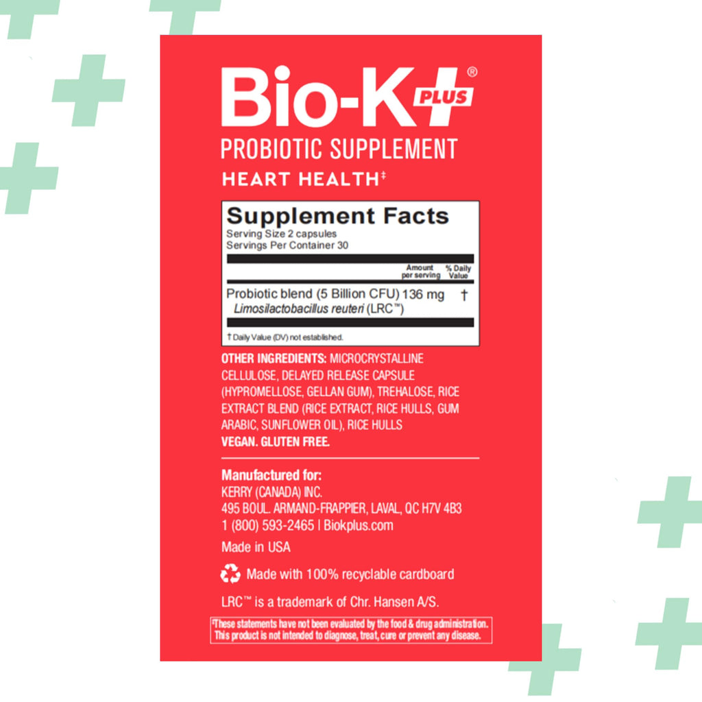 Bio-K+ Probiotics for Heart Health with Limosilactobacillus reuteri LRC – Heart Health Probiotic for Cholesterol & Cardiovascular Support, 5 Billion CFU, Vegan, Shelf-Stable – 60 Capsules Bio-K Plus Au supplements
