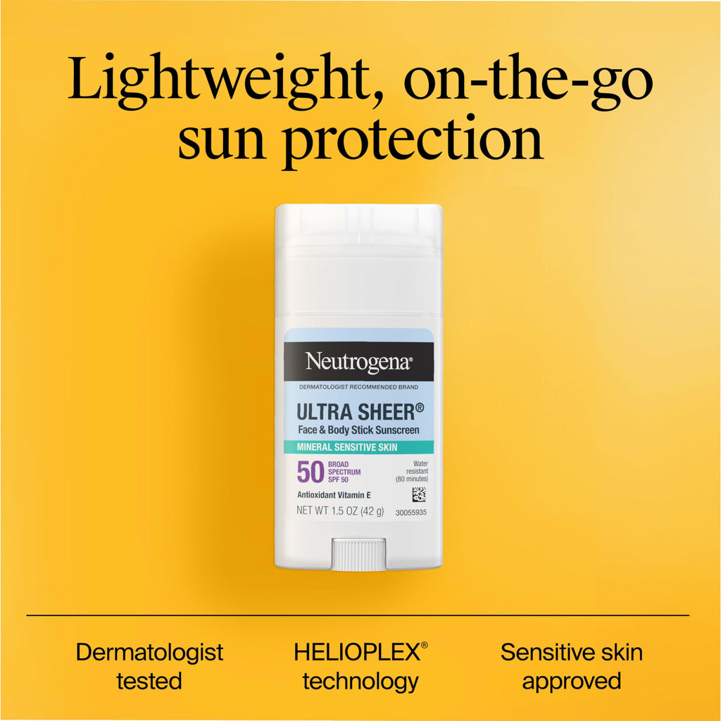 Neutrogena Ultra Sheer Dry Touch SPF 50 Mineral Sunscreen Stick for Sensitive Skin, Zinc Oxide, Body & Face Sunscreen