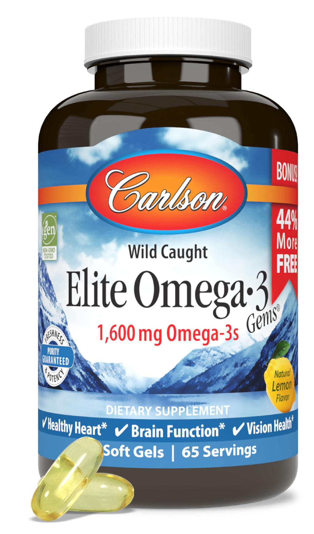 Carlson - Elite Omega-3 Gems, 1600 mg Omega-3 Fatty Acids Including EPA and DHA, Norwegian, Wild-Caught Fish Oil Supplement, Sustainably Sourced Omega