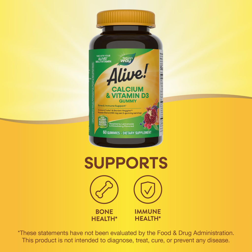 Nature’s Way Alive! Chewable Calcium Gummies with Vitamin D3, Daily Supplement Supports Healthy Bones and Teeth, and Muscle Function*, Strawberry and Raspberry