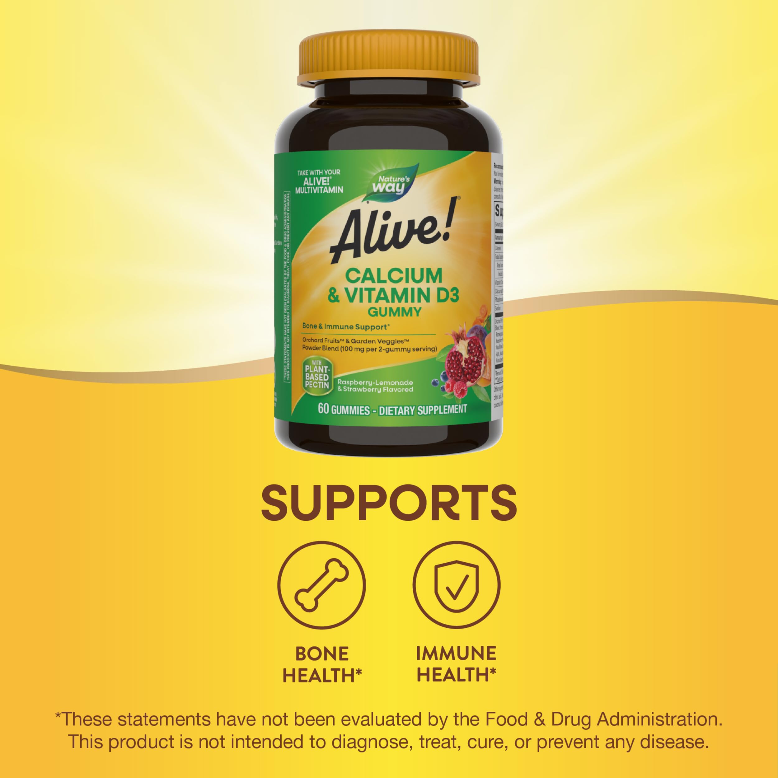 Nature’s Way Alive! Chewable Calcium Gummies with Vitamin D3, Daily Supplement Supports Healthy Bones and Teeth, and Muscle Function*, Strawberry and Raspberry