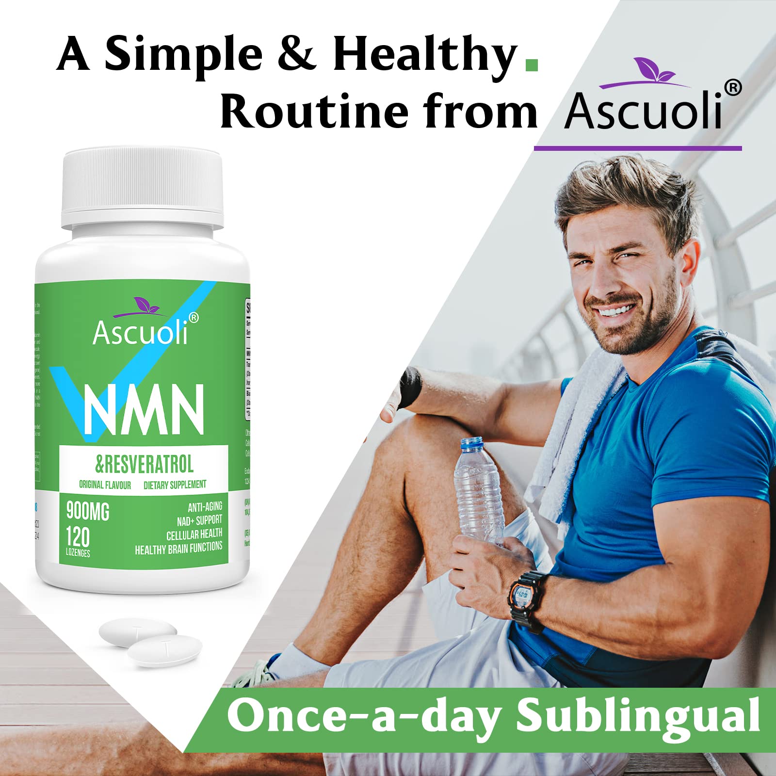 Sublingual NMN 500mg + Trans-Resveratrol 400mg, 3-in-1 Advanced Formula 99% Pure NMN Resveratrol Supplement for Boost* NAD, Cell, Immune, Energy & Muscle, Anti-Aging, 120 Lozenges (120-Day Supply) Ascuoli Au supplements