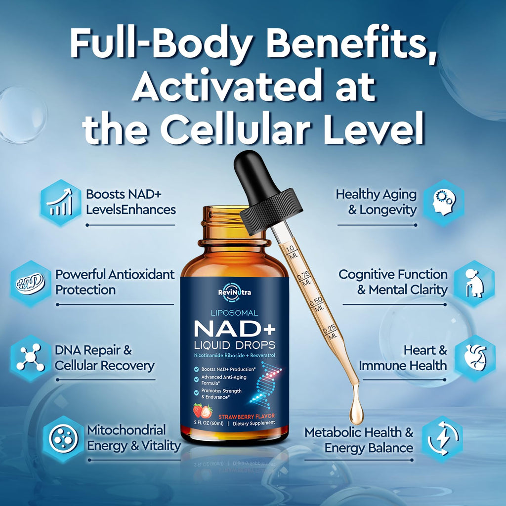 Liposomal NAD+ Liquid Supplement, Nad Resveratrol Supplement for Women & Men, Nicotinamide Riboside with PQQ, CoQ10, Quercetin for Anti-Aging, Brain, Cellular Energy Health, Strawberry Flavor, 2 Fl Oz ReviNutra Au supplements