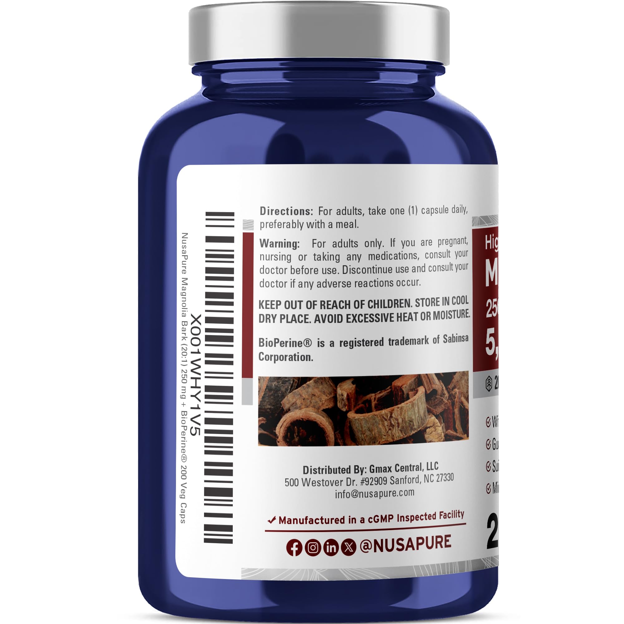 NusaPure Magnolia Bark 20:1 Extract, 250 mg Equivalent to 5,000 mg 200 Vegan Vegetarian Capsules Non-GMO NusaPure Au supplements