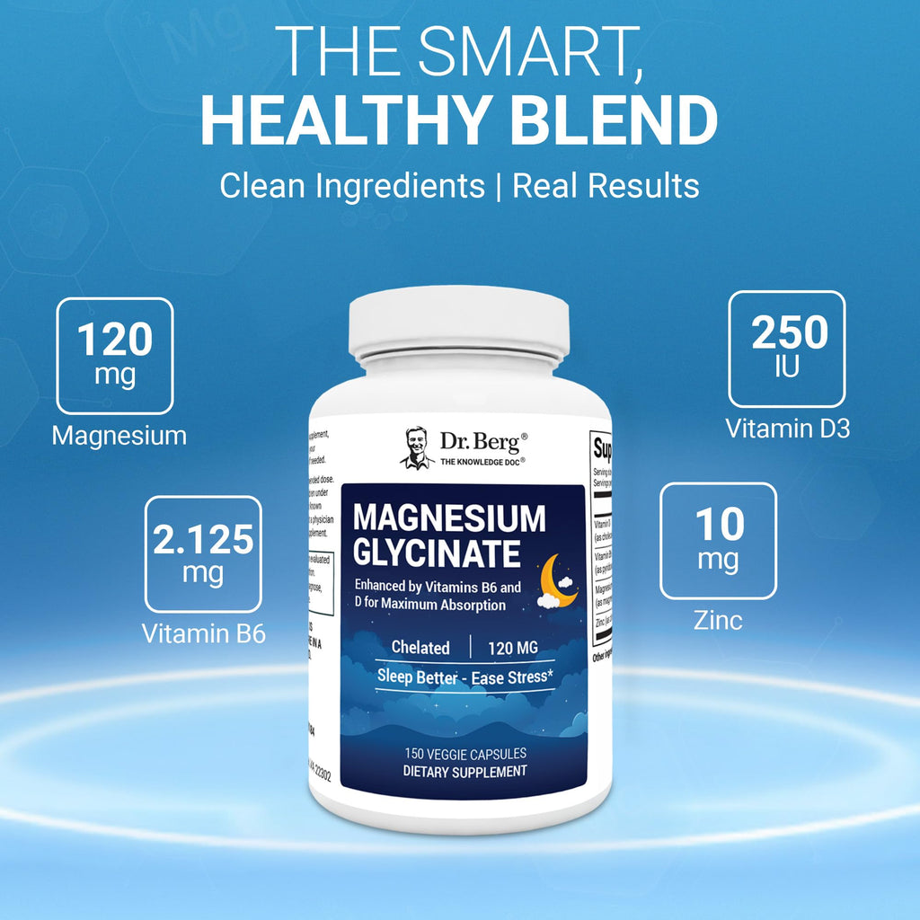 Dr. Berg Magnesium Glycinate 150ct – 4-in-1 Chelated for Muscle, Nerve, Sleep & Stress Support*– w/ D3, B6 & Zinc – 4X Lab-Tested