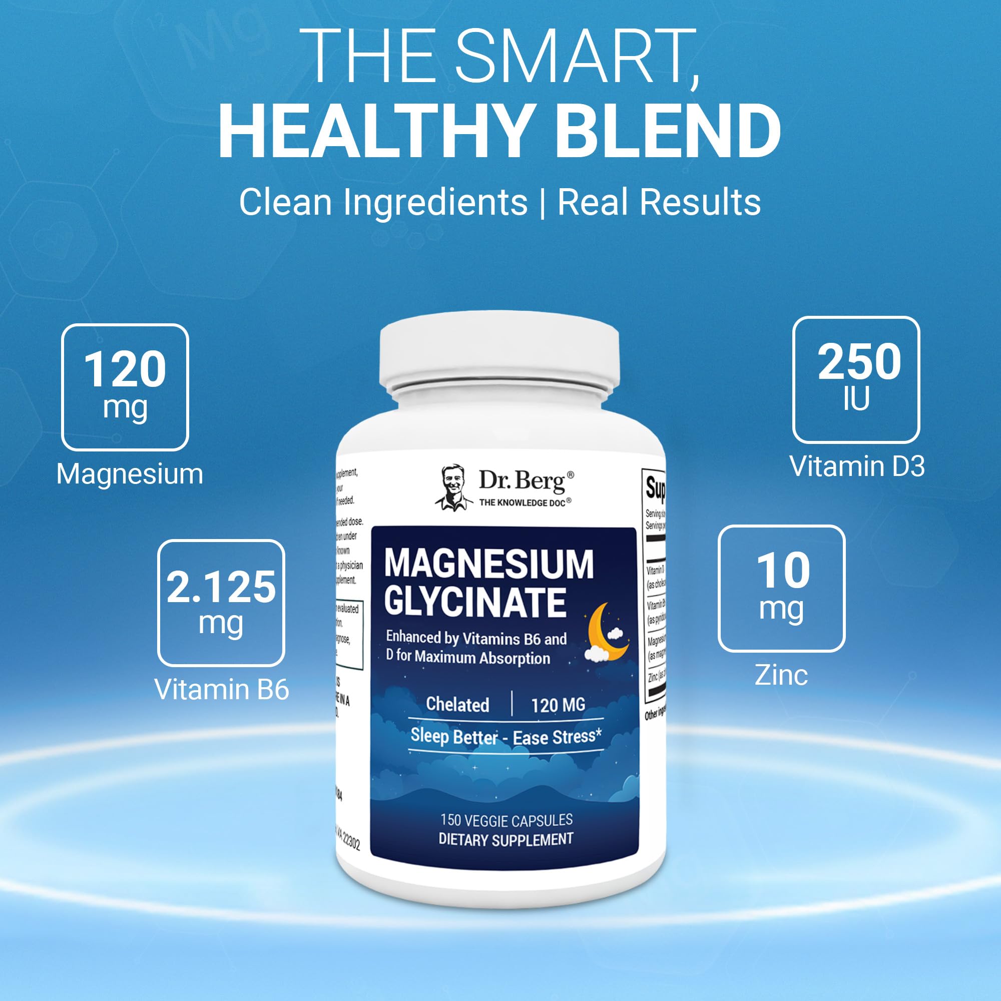 Dr. Berg Magnesium Glycinate 150ct – 4-in-1 Chelated for Muscle, Nerve, Sleep & Stress Support*– w/ D3, B6 & Zinc – 4X Lab-Tested