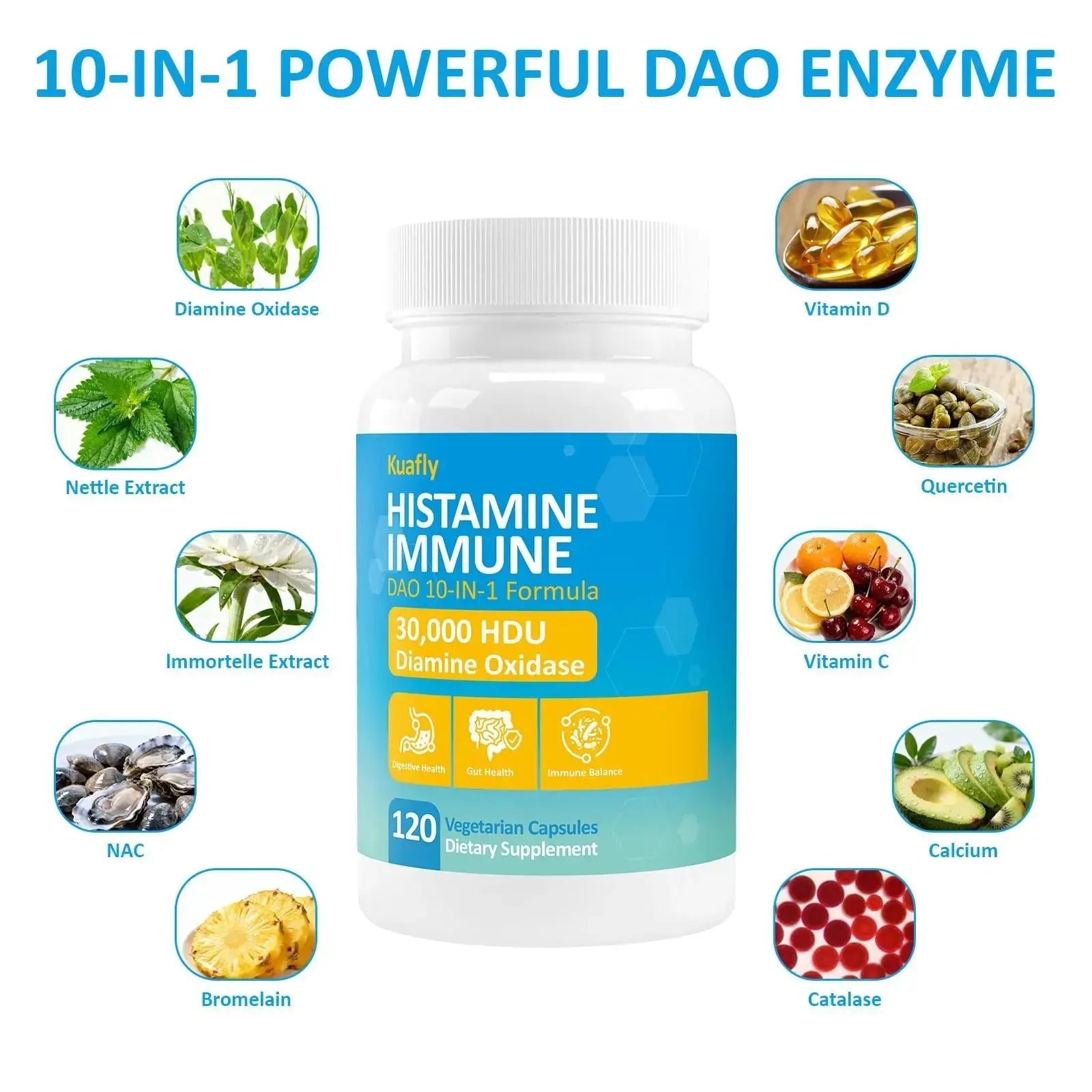 KUAFLY DAO Enzyme Supplements Histamine Blocker 120 Capsules– Natural DAO Supplement with Diamine Oxidase & Quercetin KUAFLY Au supplements
