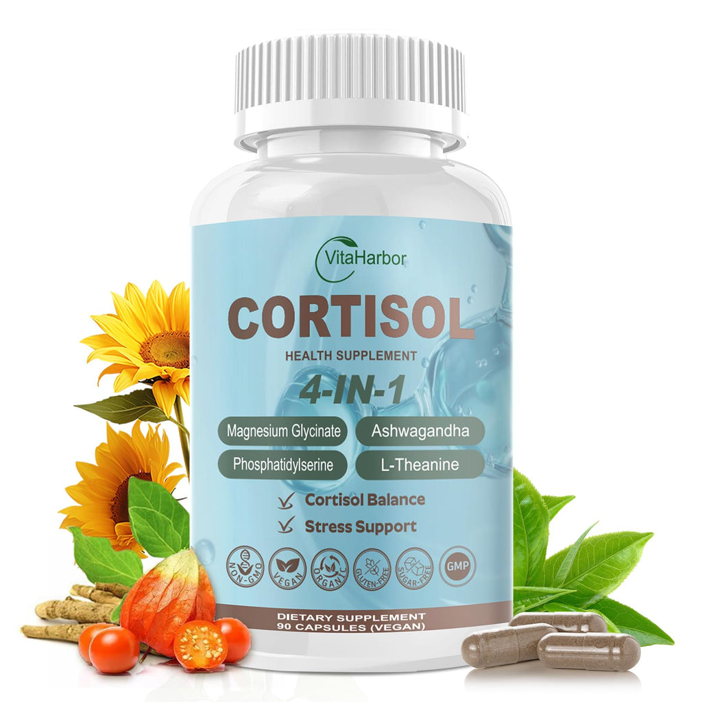 VitaHarbor Cortisol Supplement for Women and Men, 4-in-1 Cortisol Reducer with Magnesium Glycinate, Ashwagandha, Phosphatidylserine, L-Theanine, for Relaxation & Calm Support, 90 Veg Caps VitaHarbor Au supplements