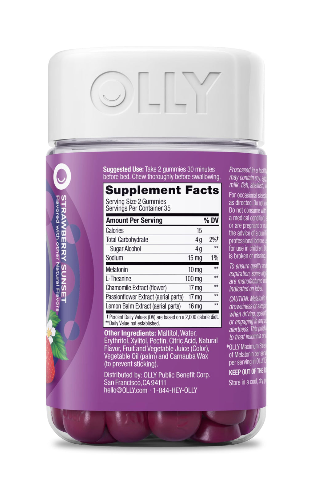 OLLY Max Strength Sleep Gummy, 10mg Melatonin, L-Theanine, Chamomile, Lemon Balm, Sugar Free, Vegetarian Sleep Aid, Strawberry - 70 Count