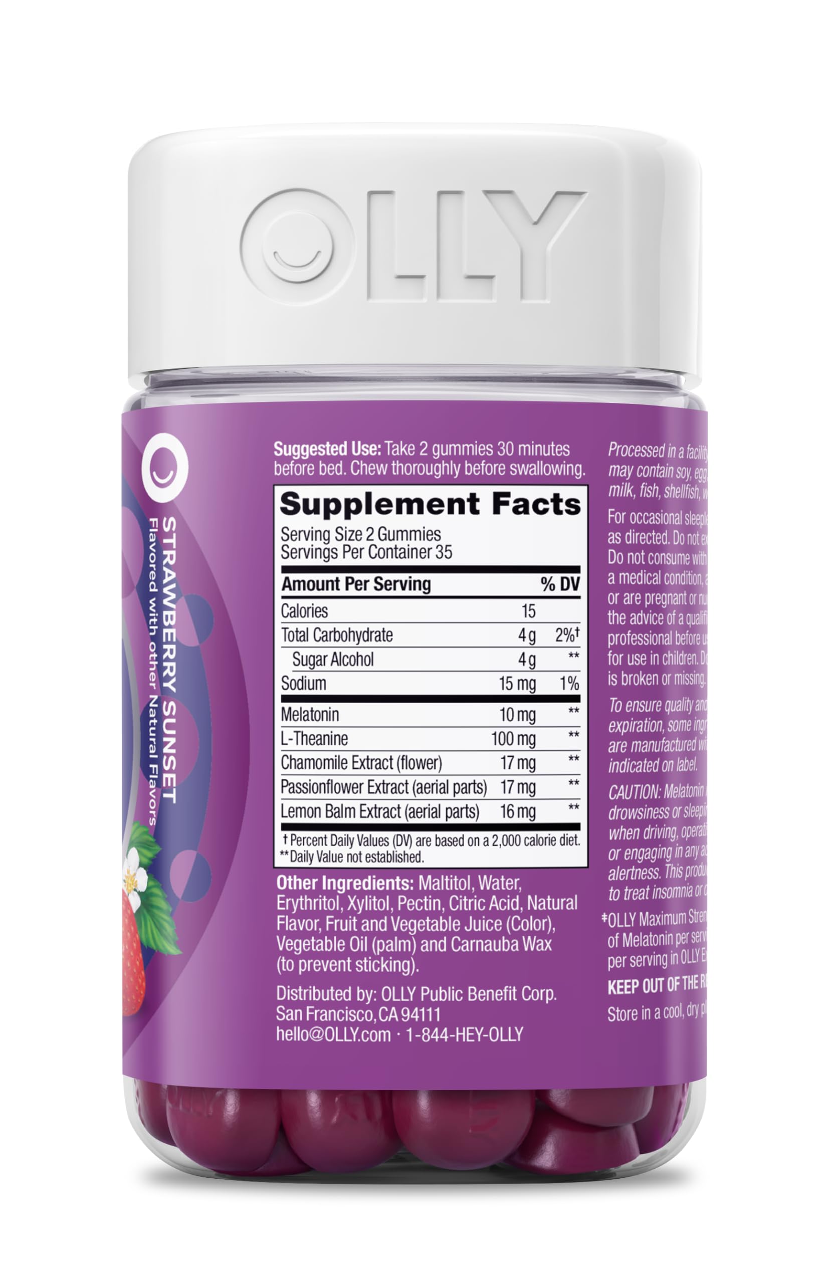 OLLY Max Strength Sleep Gummy, 10mg Melatonin, L-Theanine, Chamomile, Lemon Balm, Sugar Free, Vegetarian Sleep Aid, Strawberry - 70 Count