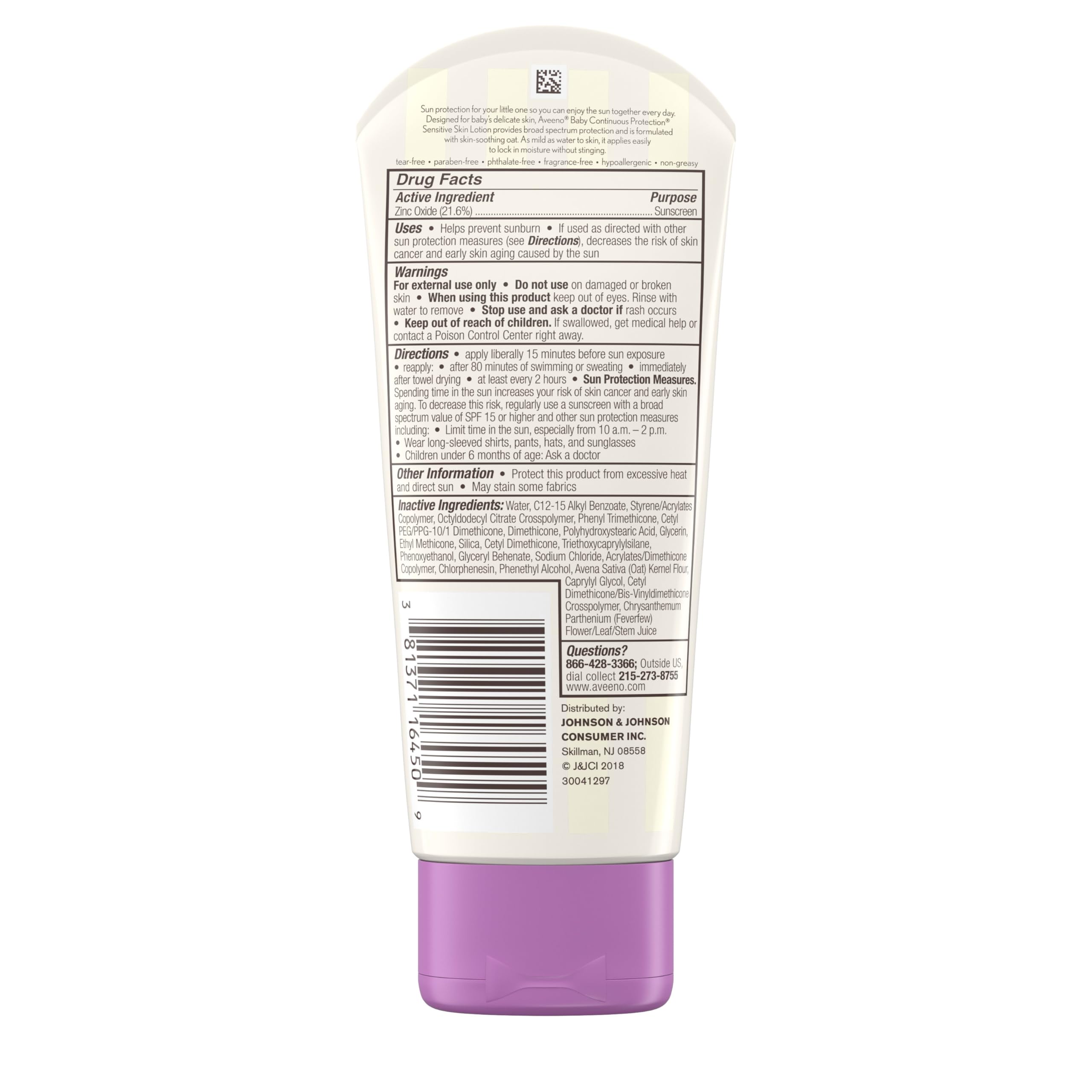Aveeno Baby Continuous Protection Zinc Oxide Mineral Sunscreen Lotion for Sensitive Skin