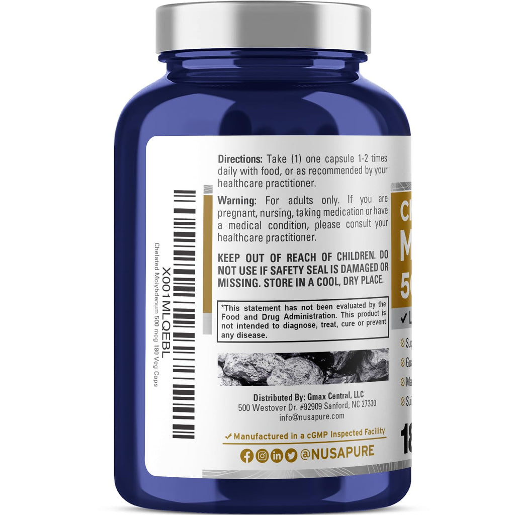 NusaPure Chelated Molybdenum 500 mcg 180 Vegetarian Caps (Vegan, Non-GMO) NusaPure Au supplements