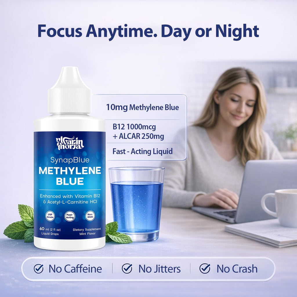 Methylene Blue Drops for Humans, 1% USP Grade – Dropper-Free No-Touch Bottle, Brain Supplement for Memory and Focus – Fast-Acting Nootropic with Methyl B12 & ALCAR – Caffeine-Free, Mint Flavor, 2oz YLVARIN THORIA Au supplements