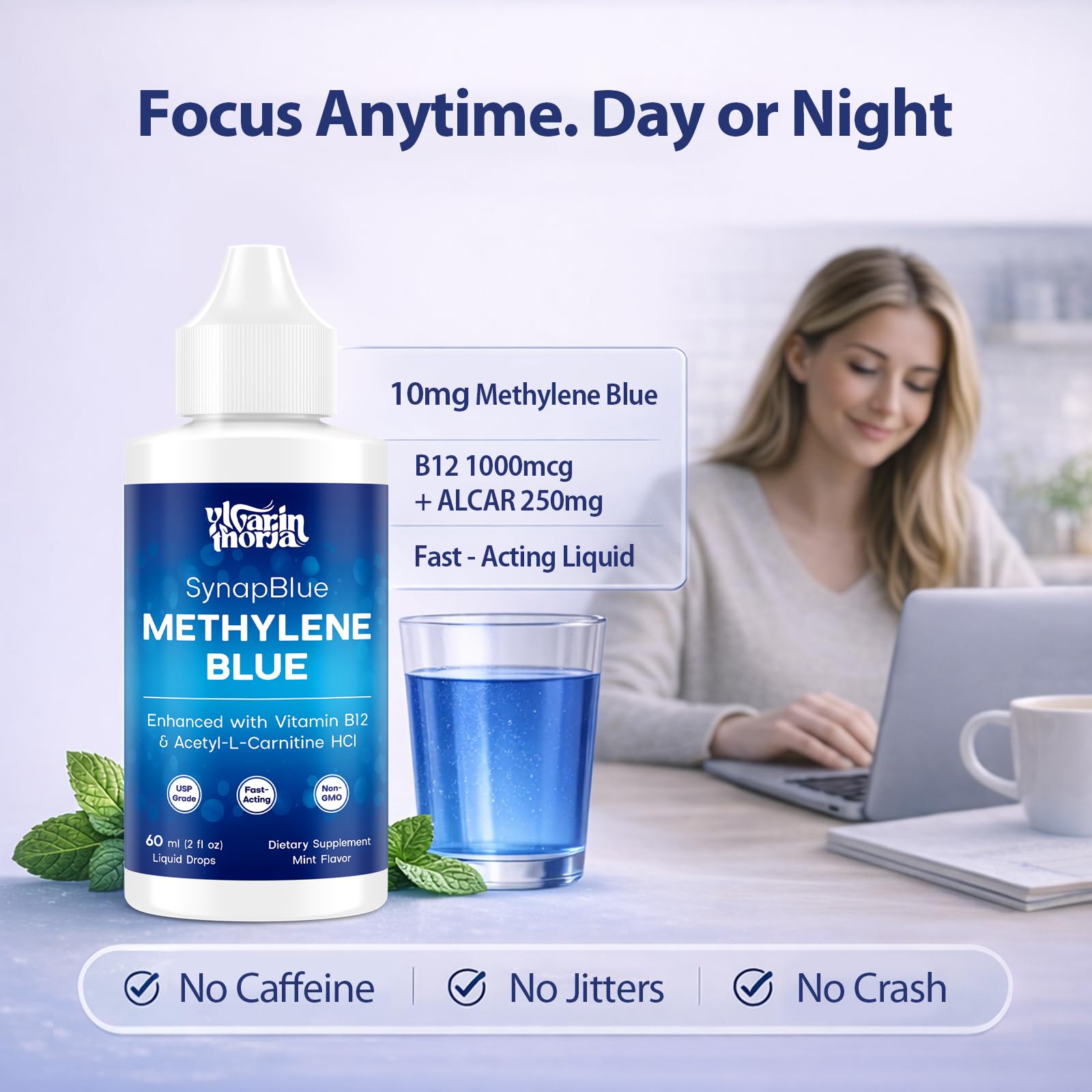Methylene Blue Drops for Humans, 1% USP Grade – Dropper-Free No-Touch Bottle, Brain Supplement for Memory and Focus – Fast-Acting Nootropic with Methyl B12 & ALCAR – Caffeine-Free, Mint Flavor, 2oz YLVARIN THORIA Au supplements