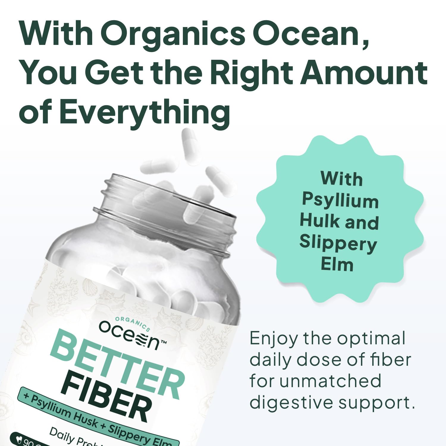 Organics Ocean Better Fiber - Daily Fiber Supplement - Soften Stool for Effortless Bowel Movements - with Psyllium Hulk and Slippery Elm - 90 Capsules