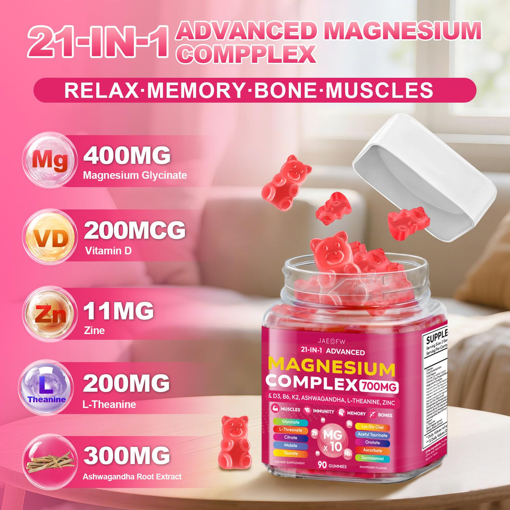 Magnesium Glycinate Gummies 700MG - 21-in-1 Advanced Magnesium Supplement with Ashwagandha, L-Theanine, Zinc, Vitamin - Sugar Free Magnesium Gummies for zzZ