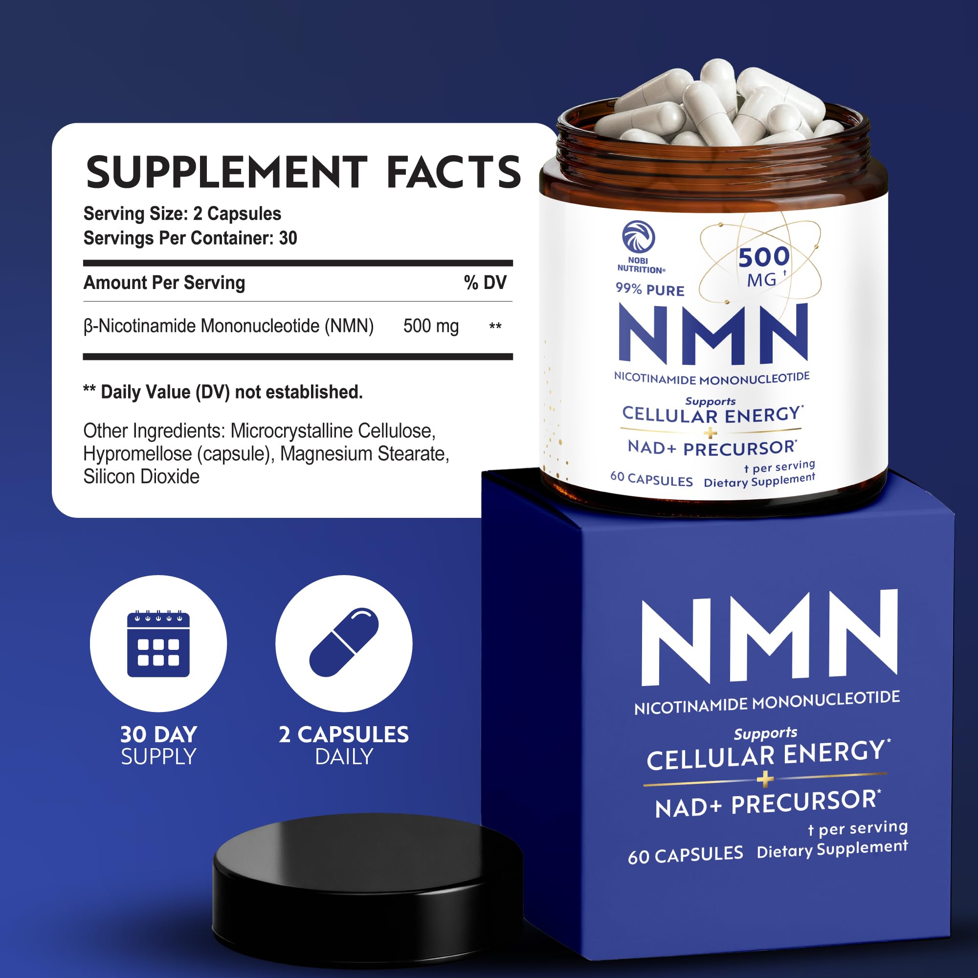 NMN Supplement 500mg | 99% Pure | NAD+ Precursor for Cellular Energy, Longevity, Repair, and Healthy Aging Support | Third-Party Tested & Non-GMO | Nicotinamide Mononucleotide | 60 NMN Capsules Nobi Nutrition Au supplements