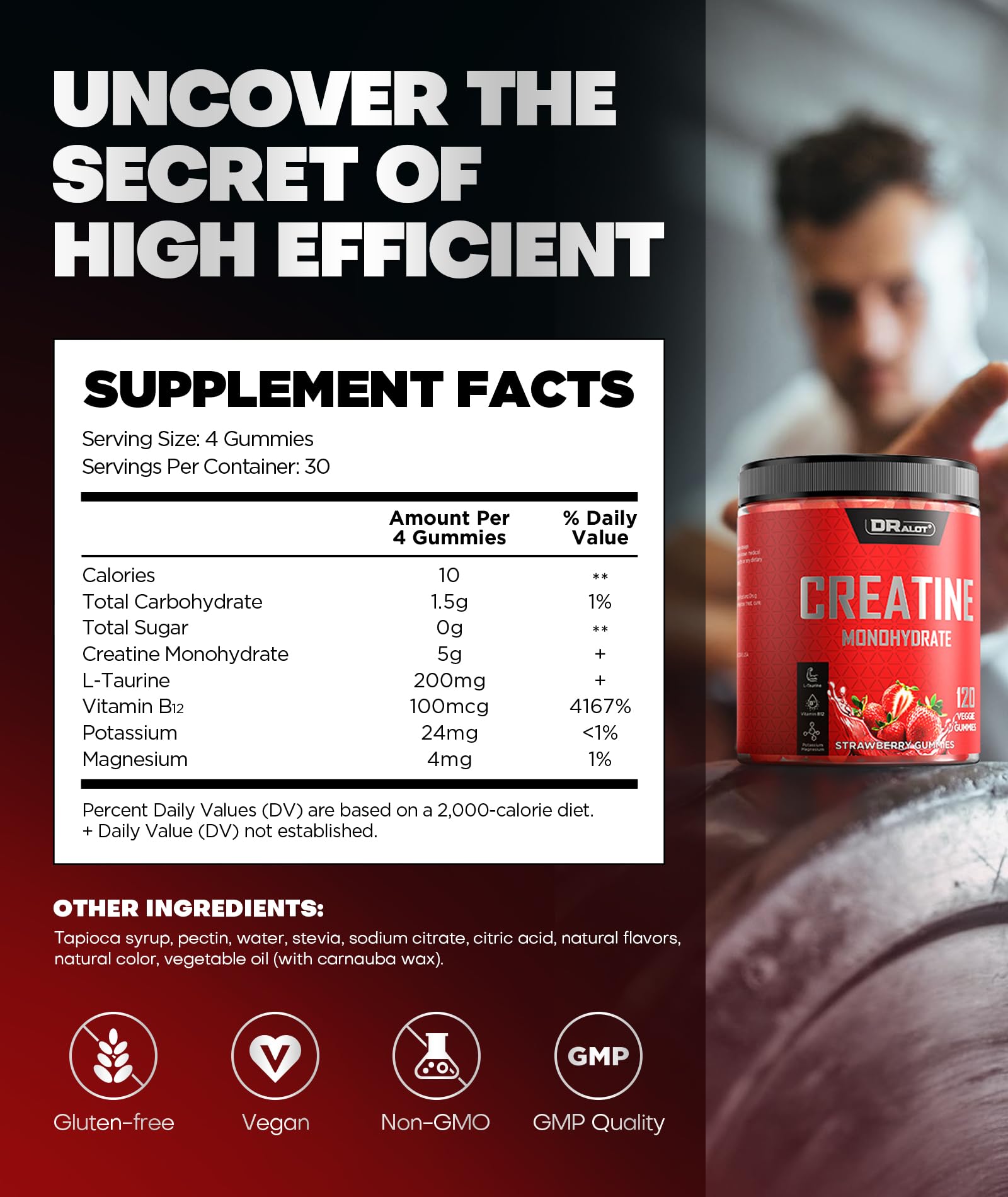 Dralot 99.99% Creatine Monohydrate Gummies More 15% Strength, 5X Energy & Muscle Support Pre-Workout Complex Creatine for Women & Men with 5000mg Creatine, L-Taurine, B12, Mg & K, 0 Sugar, Vegan Dralot Au supplements