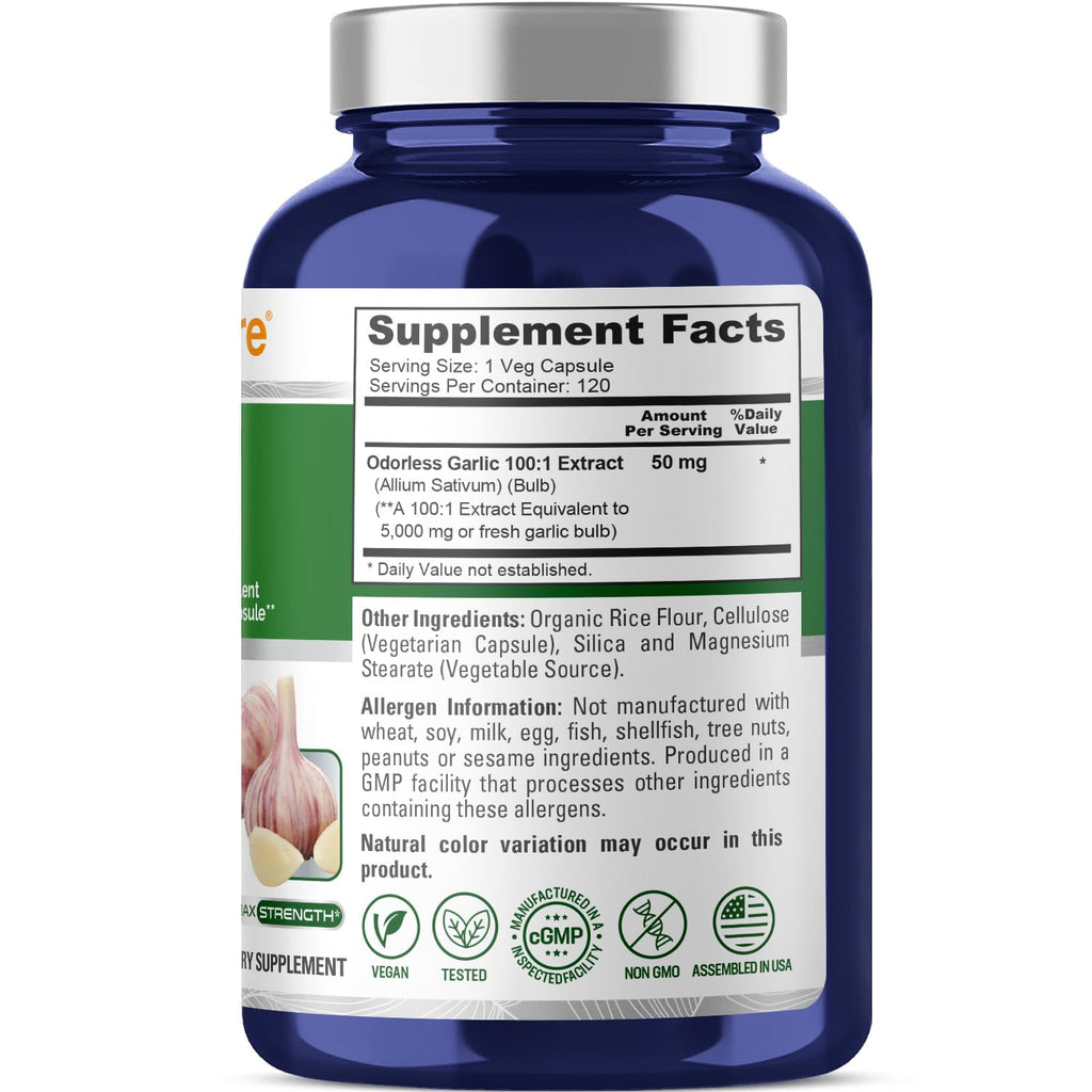 NusaPure Odorless Garlic 100:1 Extract, 50 mg Equivalent to 5000mg Capsule | 120 Veggie Caps | High Potency | Herbal Supplement | Non-GMO | Vegan NusaPure Au supplements