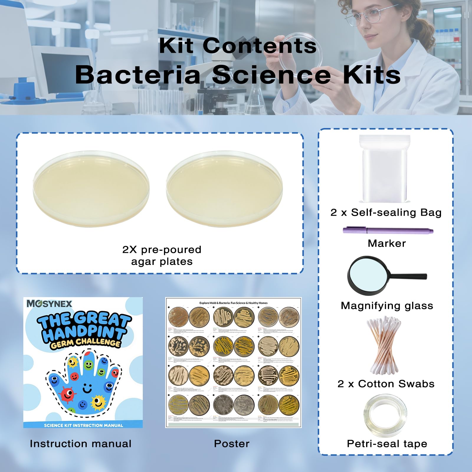 Giant Microbiology Bacteria Science Kit for Kids:2 XL 150mm Prepoured Nutrient Agar Plates, Petri Dishes with Agar & Colony Characteristics Poster for School Projects & Educational Gifts Mosynex Au supplements