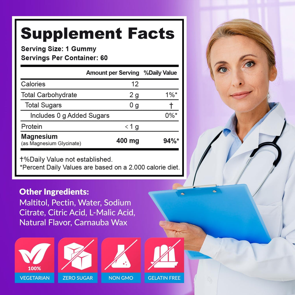 Magnesium Glycinate Gummies 400mg, Muscle Support and Relaxation, Magnesium Supplement for Women, Men and Kids, High Absorption, Sugar Free,