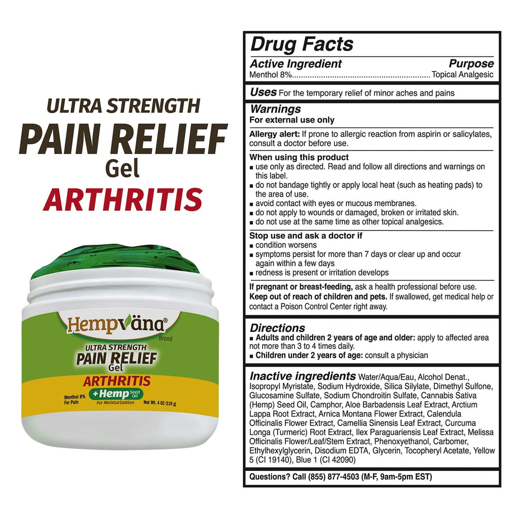 Hempvana Arthritis Pain Relief Gel, Ultra-Strength for Arthritis in Muscles & Joints. Enriched with Hemp Seed Oil, AS SEEN ON TV. Non-Greasy. Targeted Long-Lasting Relief. Works Fast, 3 Oz. Hempvana Au supplements