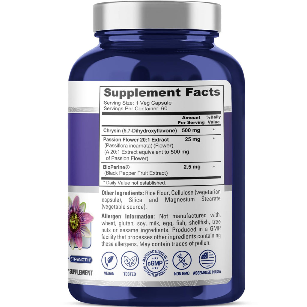 NusaPure Chrysin 500mg, 60 Veggie Capsules | Passion Flower Complex 500mg Supplement | 5, 7-Dihydroxyflavone | Concentrated Extract | Non-GMO, BioPerine & Vegan NusaPure Au supplements